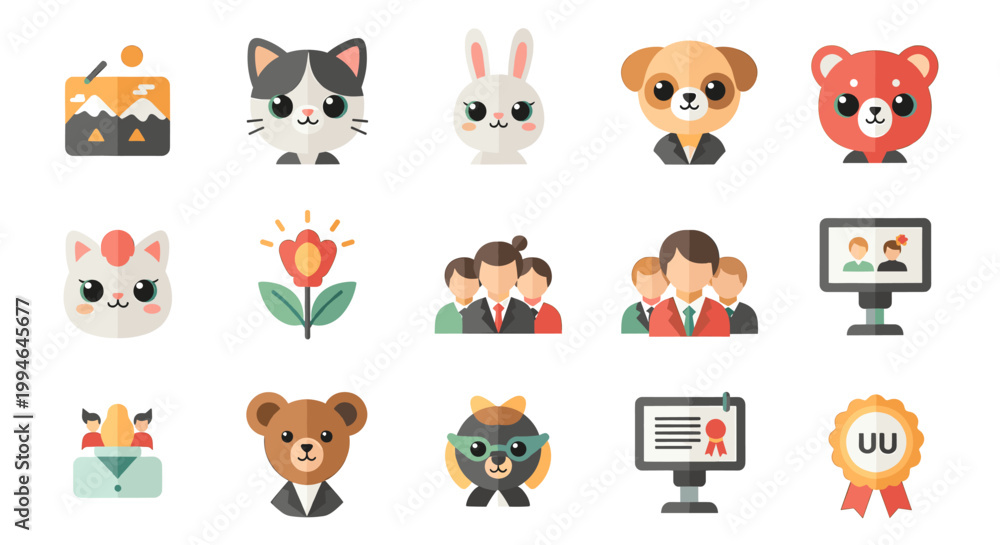 Fototapeta premium A playful illustration depicting teamwork and collaboration, with a cute cat overseeing the process. Ideal for marketing materials, social media, and