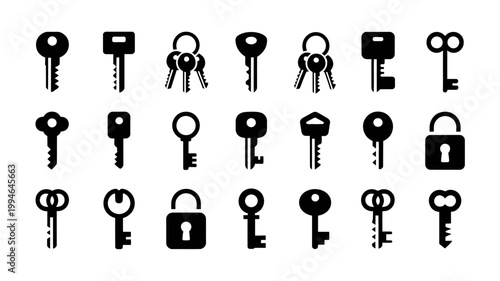 A collection of black silhouette icons depicting various types of keys keychains and padlocks arranged in a grid pattern high quality professional detailed modern elegant stylish