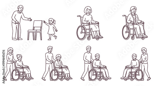 Outline vector set of seniors in wheelchairs with nursing assistants.