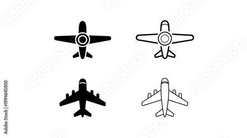 A collection of four distinct airplane icons is displayed on a white background showing top and front views of different aircraft types high quality professional detailed