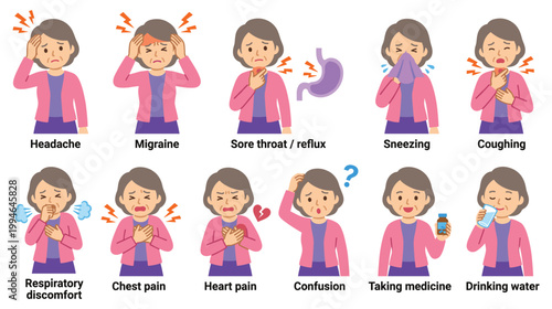 Common health symptoms and medical conditions for elderly woman set.
