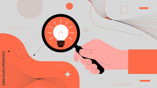 A hand holds a magnifying glass over a glowing lightbulb representing investigation and the pursuit of innovative ideas high quality professional detailed modern elegant stylish clean