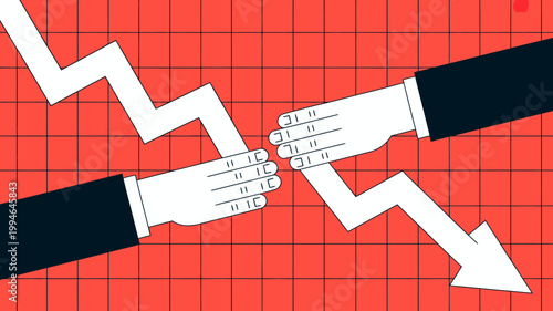 Two hands attempt to stabilize a sharply declining white line graph against a red grid background symbolizing economic instability high quality professional detailed modern elegant stylish