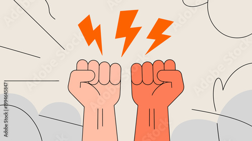 Two clenched fists one pale orange and one burnt orange are raised with orange lightning bolts emanating upwards high quality professional detailed modern elegant stylish clean