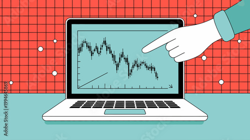 An illustration depicts a hand pointing at a declining stock chart displayed on a laptop screen against a red background high quality professional detailed modern elegant