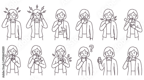 Woman medical health problem line icon set sick with symptoms and diseases.