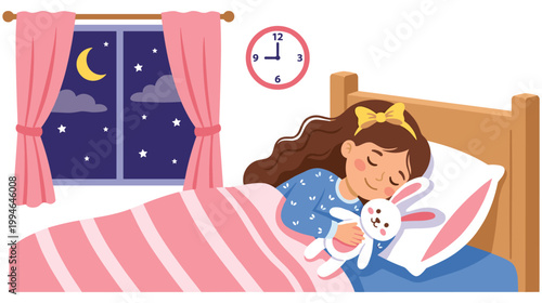 Little girl sleeping in bed at night holding her white rabbit toy.