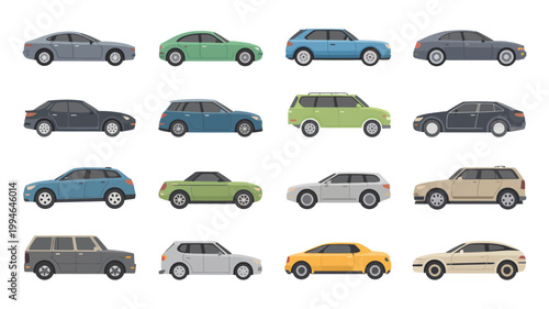 An assortment of colorful cartoon cars are displayed in a grid pattern against a clean white background showing various vehicle types high quality professional detailed modern