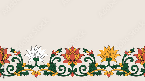 A seamless border showcases stylized floral motifs in vibrant colors featuring lotus blossoms and lush green foliage high quality professional detailed modern elegant stylish clean crisp