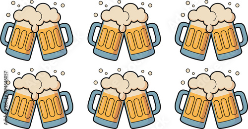 Beer mugs clinking set frothy drinks celebration oktoberfest party vector illustration isolated design collection