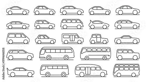 A collection of various vehicle outlines is displayed including cars vans buses and station wagons all in a simple line art style high quality professional detailed
