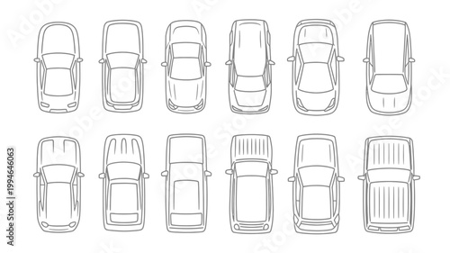 A collection of twelve vehicle outlines are displayed in a grid like arrangement showcasing various car and truck body styles high quality professional detailed modern elegant