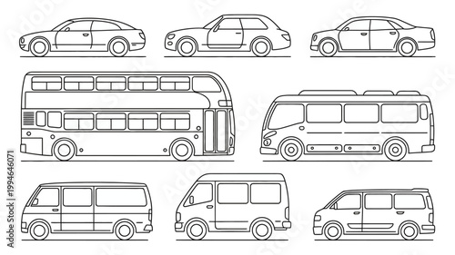 A simple line drawing depicts various vehicles including cars buses and vans shown in profile and arranged in a grid like formation high quality professional detailed