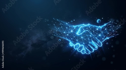 In a dimly lit digital environment, a glowing holographic handshake begins to materialize, surrounded by subtle ambient particles. The digital elements drift gently into view, assembling into a three-