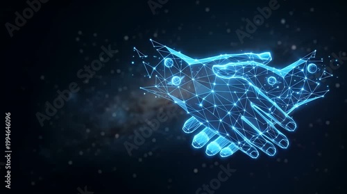 In a blurred cosmic background, a pair of glowing holographic hands emerges gently from the edges of the frame, symbolizing a digital handshake. As the hands approach each other, intricate geometric p