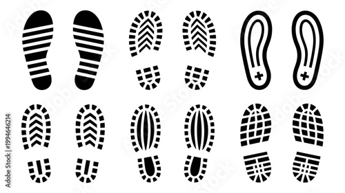 A collection of diverse footwear impressions is presented showcasing various sole patterns in a black and white graphic arrangement high quality professional detailed modern elegant stylish