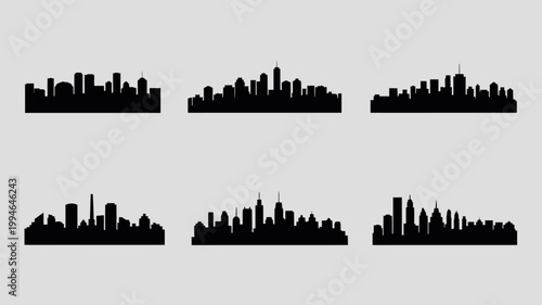 A minimalist composition displays six distinct black city skylines against a pale gray backdrop showcasing urban landscapes high quality professional detailed modern elegant stylish clean crisp