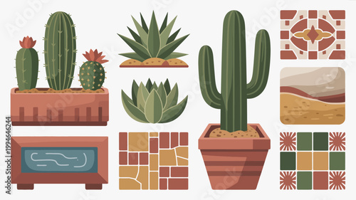A collection of southwestern desert plants and decorative tiles are arranged in a flat illustrative style on a white background high quality professional detailed modern elegant