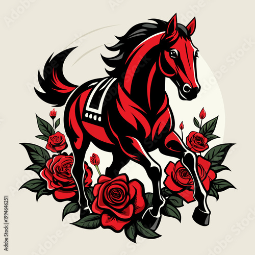 Elegant Kentucky Derby Racehorse with Red Roses Premium Vector T-Shirt Design