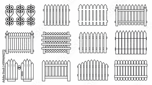 A collection of various black and white fence designs is displayed in a linear arrangement showcasing different styles and patterns high quality professional detailed modern elegant