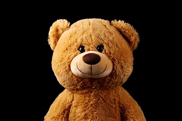 Close up portrait of a fluffy brown teddy bear against a dark background
