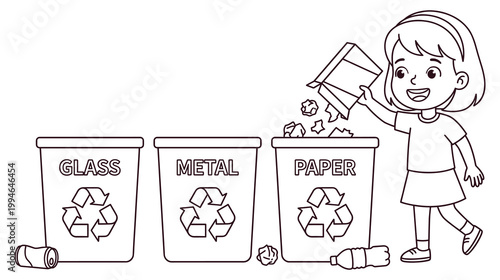 Child sorting recycling into bins for glass metal and paper waste management.