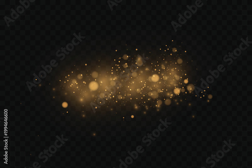 Luxury golden glitter dust and bokeh glow effect. Shiny gold light overlay for abstract festive background, celebration, or elegant design decoration.