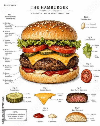  Hamburguesa con queso, carne y vegetales con partes señaladas en estilo plano, ilustración vectorial.
