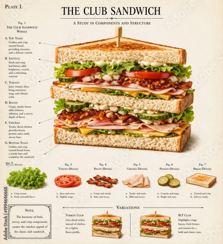  Sándwich club en capas con pollo, bacon y verduras con esquema de ingredientes en estilo plano, ilustración vectorial.
