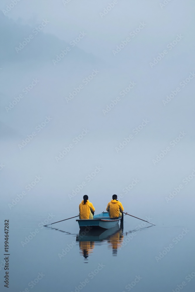 Fototapeta premium Two anglers rowing small boat across foggy lake at dawn