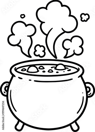 Cartoon Black and White Boiling Pot with Steam