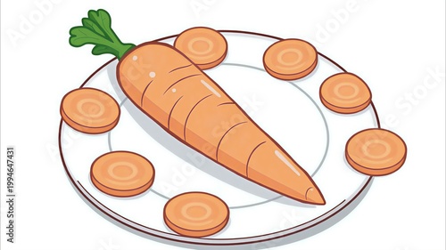 ​Fresh orange carrot and carrot slices on a plate illustration, organic root vegetable isolated on white background