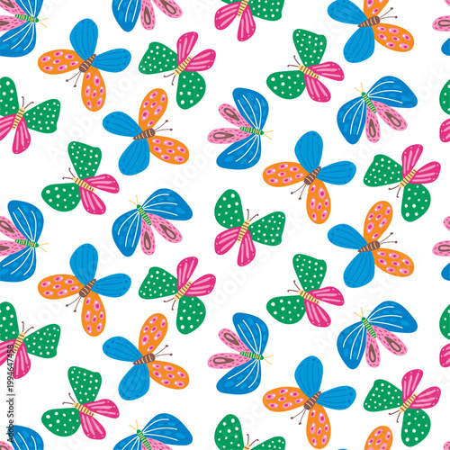 Butterfly hand drawn cute seamless vector pattern. Vector illustration