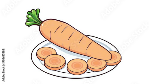 ​Fresh orange carrot and carrot slices on a plate illustration, organic root vegetable isolated on white background