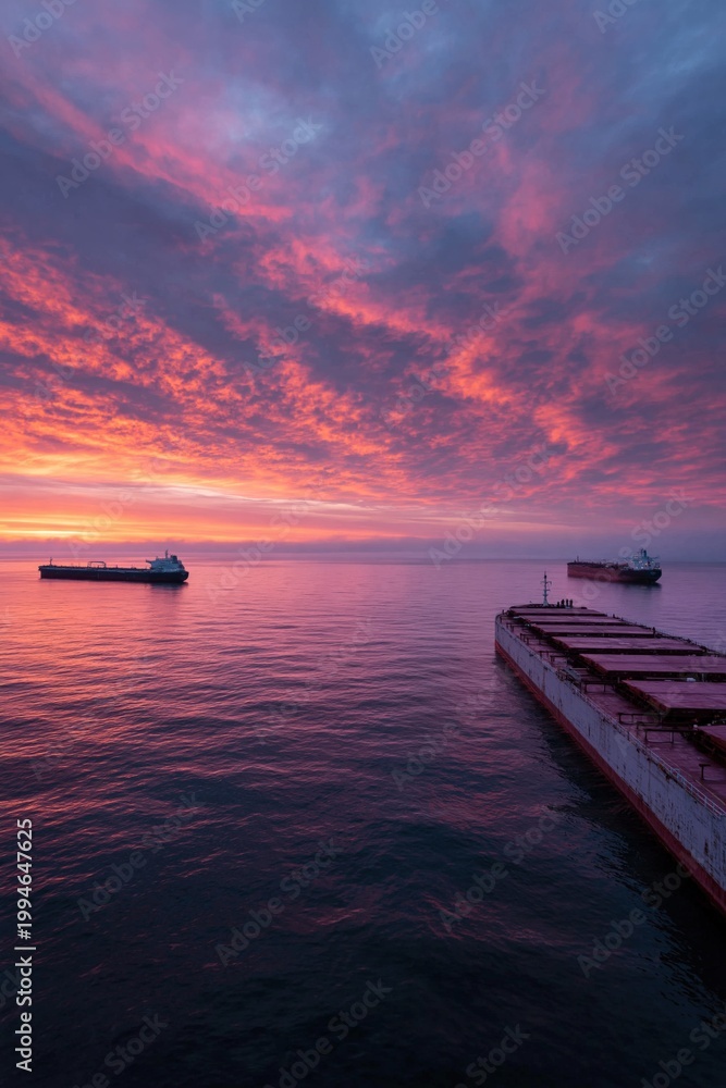 Fototapeta premium Cargo ships anchored in calm water near pier at sunset
