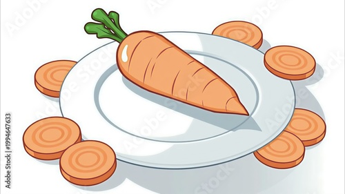 ​Fresh orange carrot and carrot slices on a plate illustration, organic root vegetable isolated on white background