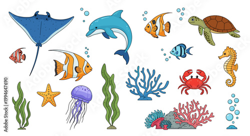 Colorful ocean sea creatures icons.