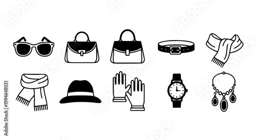 Fashion accessories icon collection vector set with sunglasses handbag belt scarf and jewelry symbols