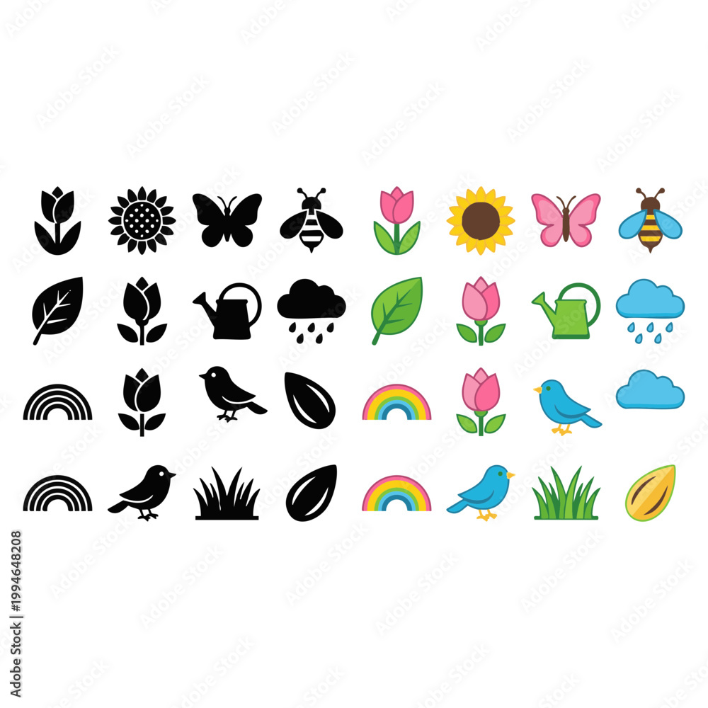 Obraz premium flat design nature icons set with leaves flowers and butterflies isolated