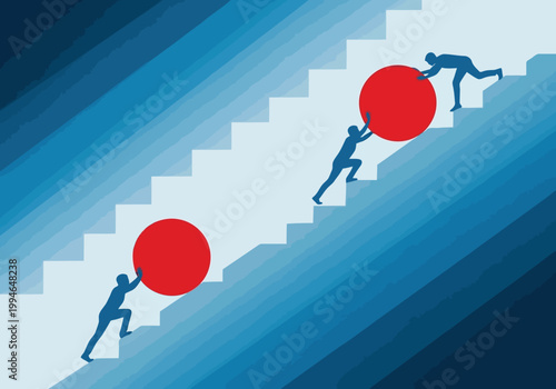 Business people pushing red spheres up the stairs, concept of teamwork, hard work, success, and overcoming challenges