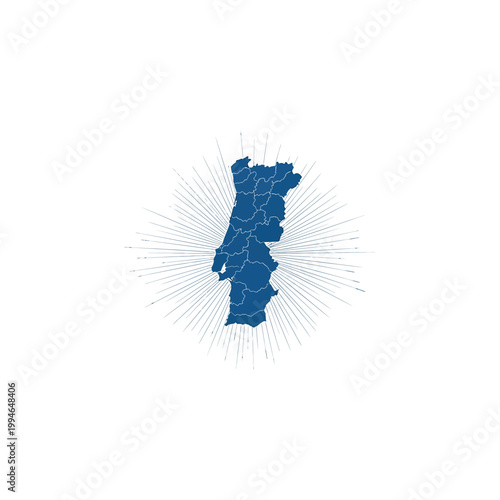 Illustration of Portugal map with lines and dots radiating outward in blue