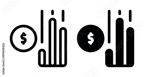Bar chart falling down and dollar coin icon for financial crisis and market crash
