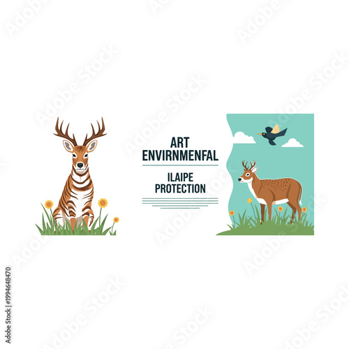 Environmental art protection illustration of deer and bird in natural habitat with flowers.