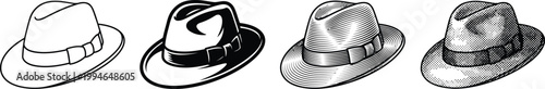 Set of four vintage fedora hats showing different illustration styles from simple line art to detailed engraving, hatching, and stippling techniques in a monochrome design