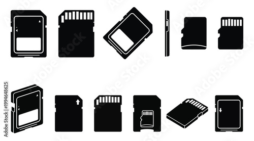 SD and MicroSD memory cards in various angles and sizes for data storage and digital devices.