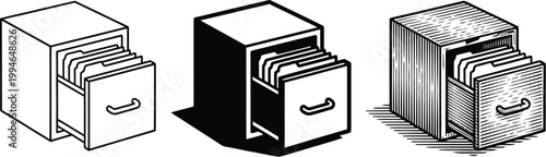 Set of four filing cabinet illustrations in different artistic styles including line art, solid black, engraving, and halftone dot patterns for office and data concepts