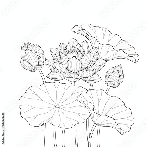 Line drawing of lotus flowers and leaves on transparent background transparent background