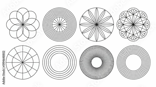 An assortment of eight circular geometric designs are displayed in black and white each featuring unique patterns of lines and curves high quality professional detailed modern