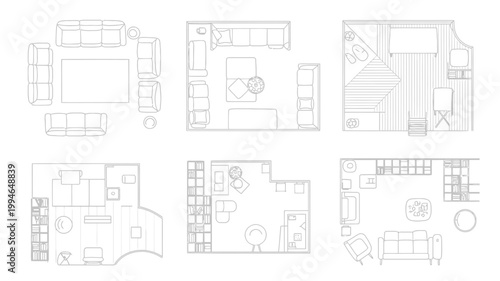 A collection of six minimalist black and white floor plans depicting various room layouts with furniture arrangements high quality professional detailed modern elegant stylish clean crisp