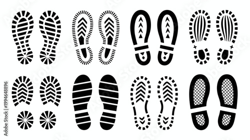 A collection of various black and white shoe sole prints are arranged on a clean white background displaying diverse tread patterns high quality professional detailed modern
